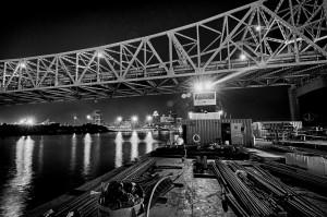 Towboat and Barge Delivering Concrete for Pouring the Eastern Base for the Tower at Pier Four. #3 (Black and White Preset)