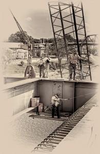 Steve Trujillo, Ironworker, Charlie Draper, Foreman and Trey Dewitt Ironworker connecting a new section of the Downtown Span of the Ohio River Bridges Project in Louisville, KY. B&W Version